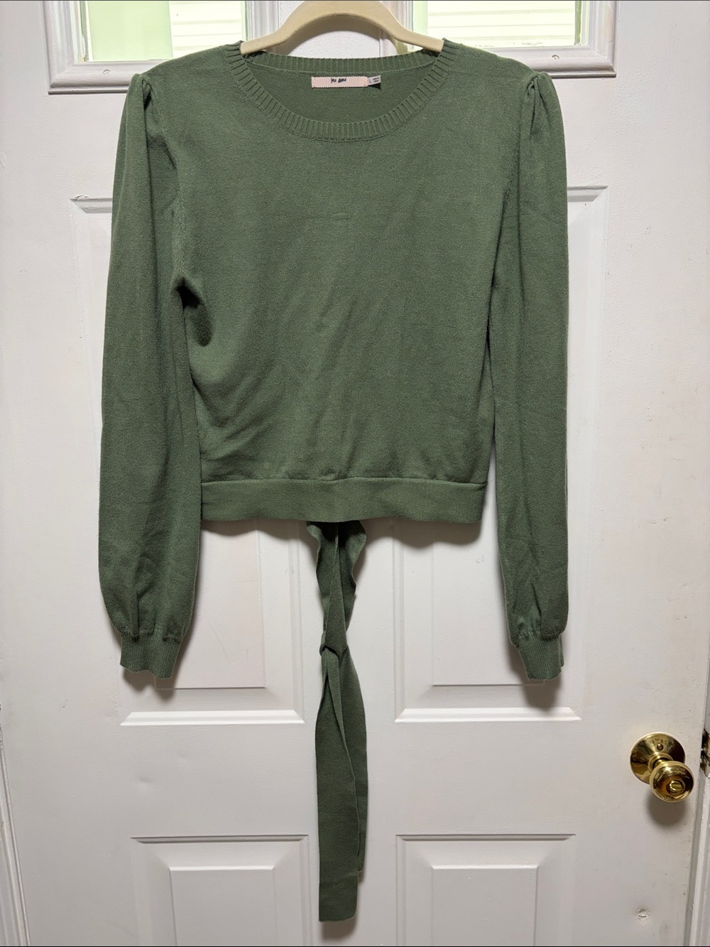 Tie-Back Crewneck Sweater Top in Olive Green